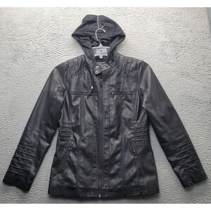 Springrain Faux Leather Bomber Jacket Womens M Black Hood Zipped Pocket Full Zip